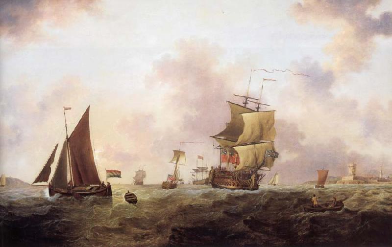 Francis Swaine A two-decker of the Royal Navy and other shipping off St.Peter Port Sweden oil painting art